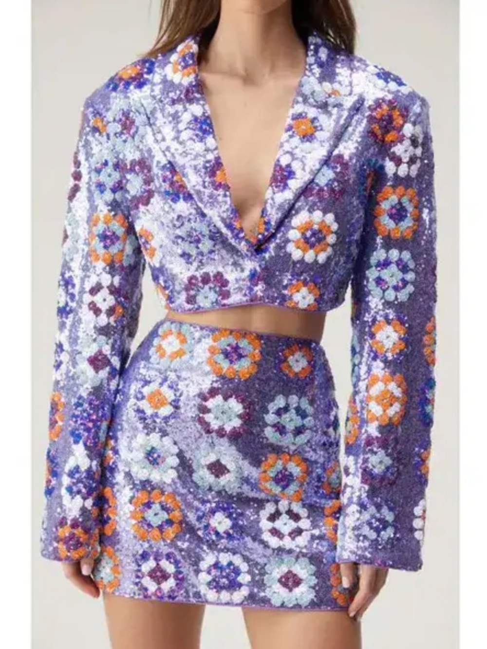 Nasty Gal Retro Purple / Pink Floral Sequined two piece set Size 6